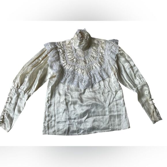 VINTAGE GUNNE SAX VICTORIAN HIGH NECK LACE BLOUSE CREAM SIZE 11 WOMENS - Picture 1 of 11